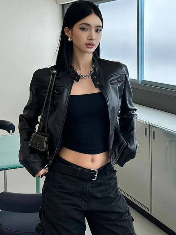 辣妹短款黑色机车pu皮衣外套女春秋季新款美式设计感修身夹克上衣|undefined