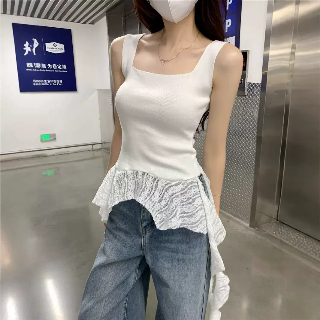 纯欲辣妹蕾丝拼接下摆吊带背心女针织衫不规则飘带内搭外穿上衣