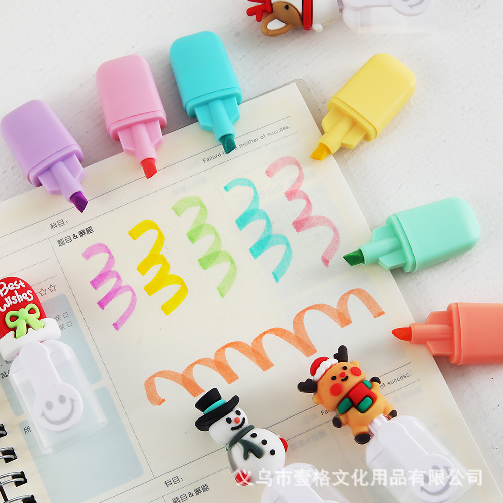 Serie de Navidad mini 6 color resaltador conjunto de dibujos animados lindos marcadores de color de alto valor de los estudiantes