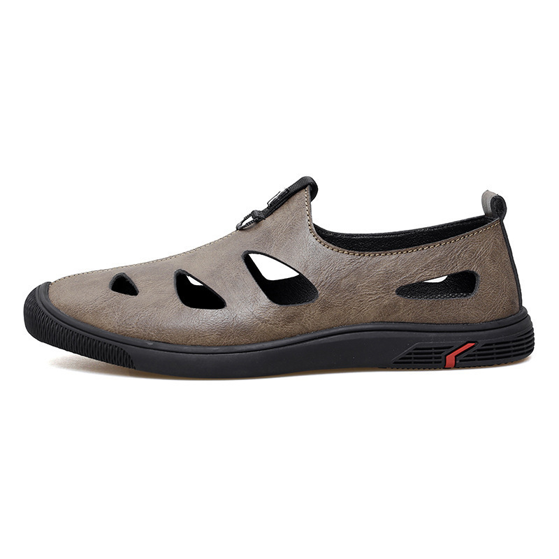 Zapatos de cuero huecos negros para hombres jóvenes ventilados con un pedal sandálias de suela suave negocios británicos zapatos casuales de verano