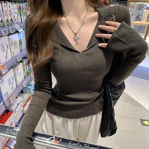 Sleek, alluring design: Ultra-thin basic knit sweater for women—autumn, slim-fit, chic long-sleeve top perfect for layering as a trendy 