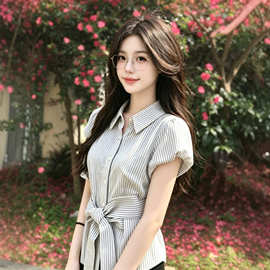 韩系收腰条纹衬衫女设计感腰带蝴蝶结小飞袖短款气质通勤百搭上衣