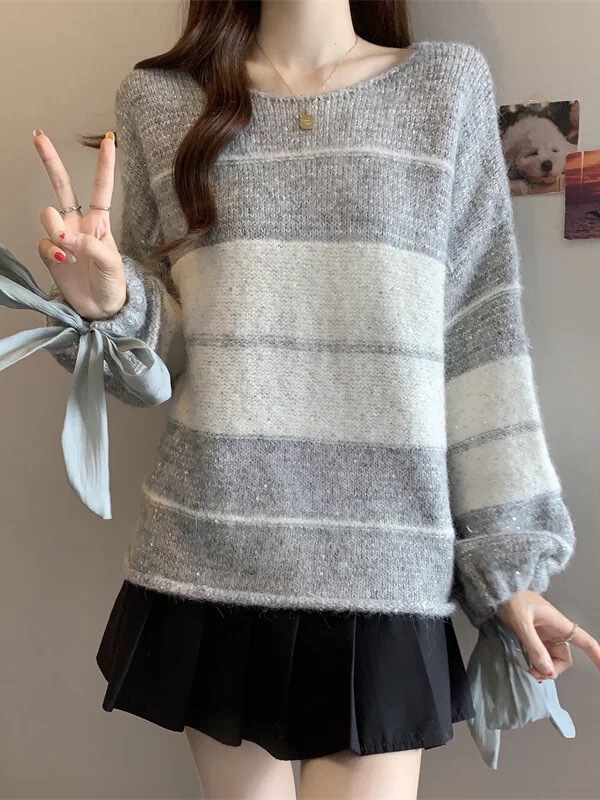 蝴蝶结亮片系带条纹套头毛衣女2025秋冬新款宽松设计感甜美针织衫|undefined