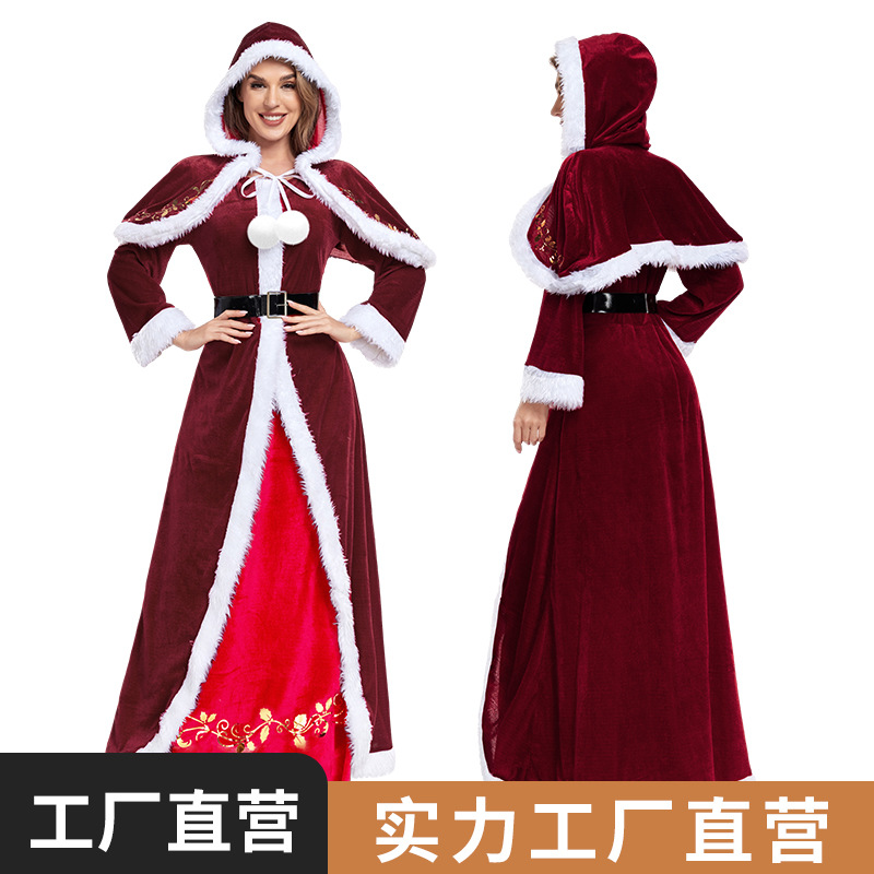 圣诞节服装跨境圣诞节cosplay服装成人女宫廷红色披肩长裙礼服