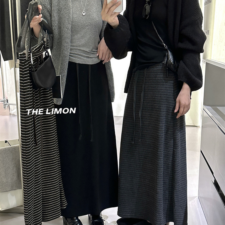 the limon柠檬绿茶2025秋季新款高腰显瘦条纹半身裙女中长款裙子|undefined