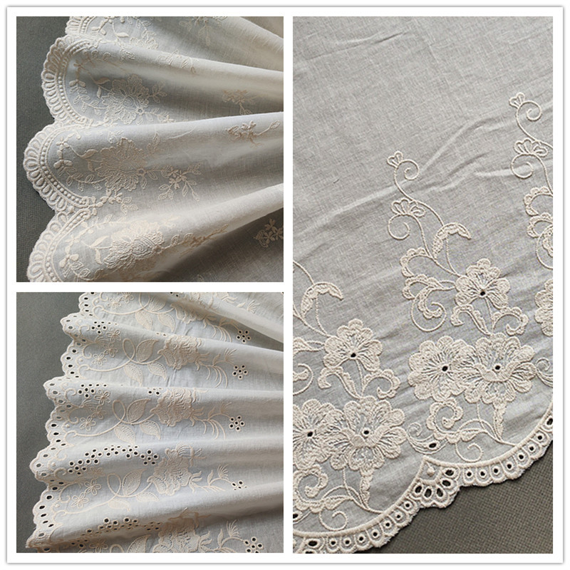 时尚流行纺织服装家纺辅料米杏棉布刺绣花边布料天腾现货批发