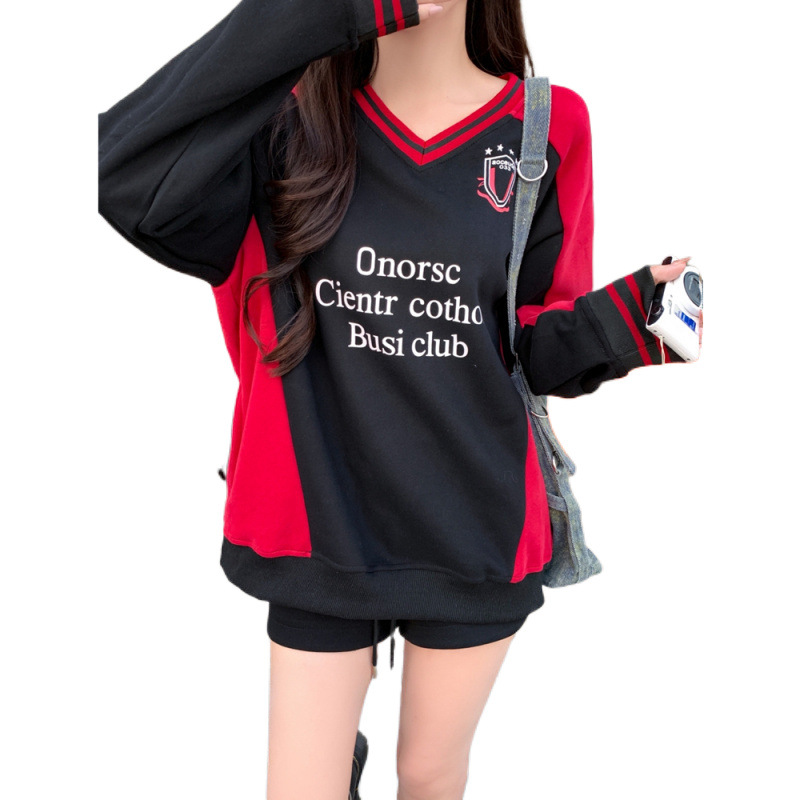 Street Letter V-Neck Color-Block American Style 2024 Autumn Winter Sweatshirt Unisex Couple Sportswear Printed Trendy_voghion.com
