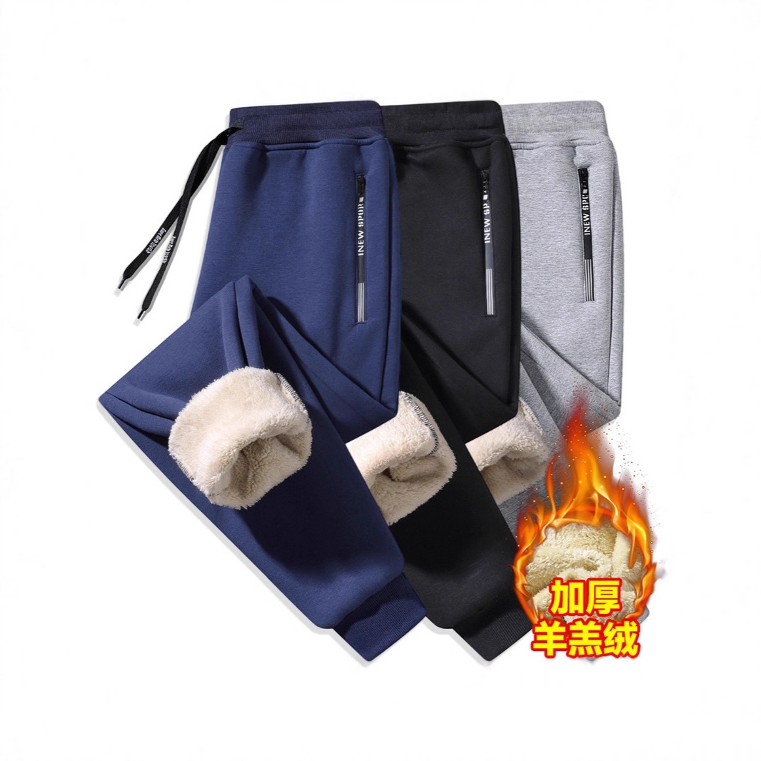 European Size Cross-Border Fleece-Lined Thickened Lamb Wool Sweatpants, Straight-Leg Cuffed Fleece Pants, Fashionable Casual Sports Pants