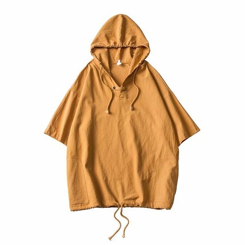 Japanese-style sun-protective clothing with multiple pockets, workwear-inspired short-sleeve T-shirt, Harajuku fashion, hooded pullover, half-sleeve overshirt, men's hoodie