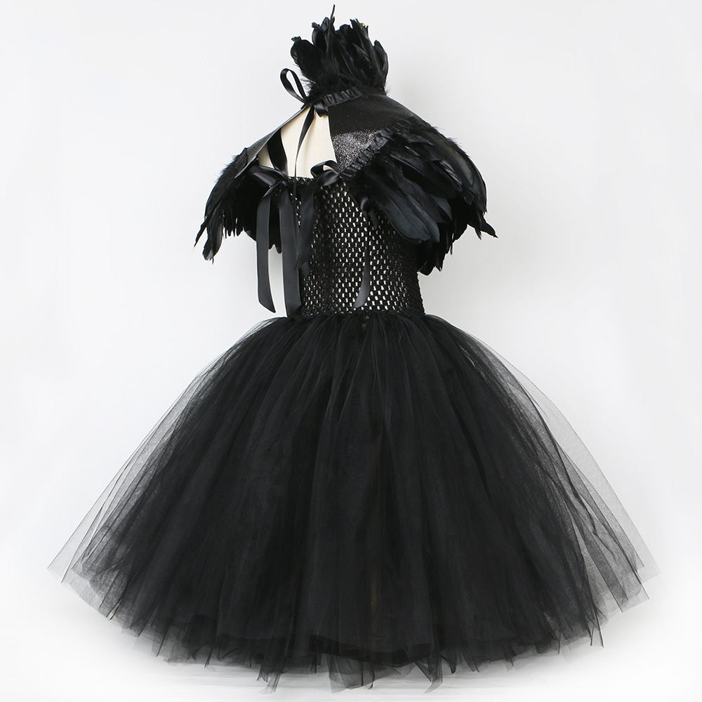 Ropa para niños Vestido de bruja maléfica Capa de plumas Disfraz de Halloween para niños Vestido de malla negro para niña gótica_voghion.com