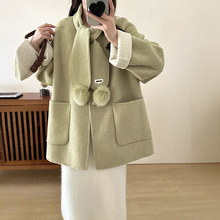 网红爆款2025新款双面羊毛大衣拼色短款韩版宽松围巾毛呢外套现货