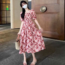 法式水墨印花连衣裙女夏季女装晕染玫瑰花收腰碎花A字短袖中长裙