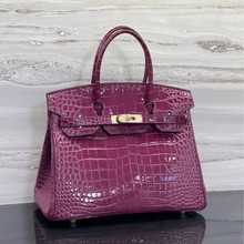 源头工厂铂金包大包头层牛皮亮面鳄鱼纹手提真皮女包高级感奢华