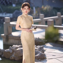 2025春夏新款提花缎长款旗袍黄色小个子修身显瘦中国风短袖旗袍