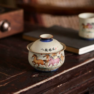 青花火石红元宝盖碗陶瓷单个大号功夫泡茶碗马年茶具礼盒装