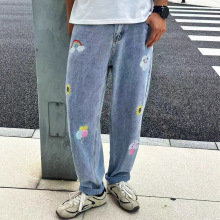 国潮趣味彩虹刺绣美式嘻哈牛仔裤男水洗直筒阔腿裤时尚休闲ins潮