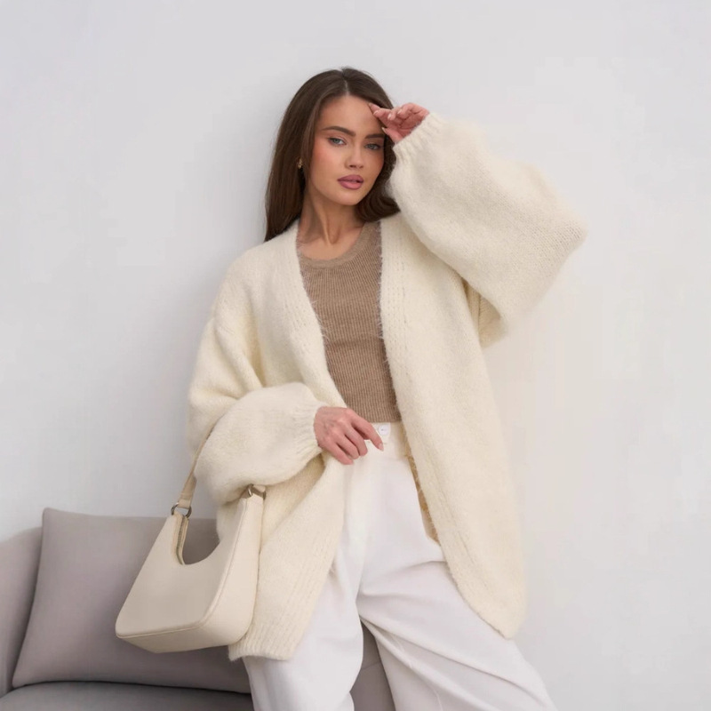 Autumn and Winter Korean Style Pure Color Knitted Cardigan Retro Gentle V-Neck Casual Lazy Loose Outer Wear Versatile Sweater Jacket Autumn and Winter Korean Style Pure Color Knitted Cardigan Retro Gentle V-Neck Casual Lazy Loose Outer Wear Versatile Sweater Jacket