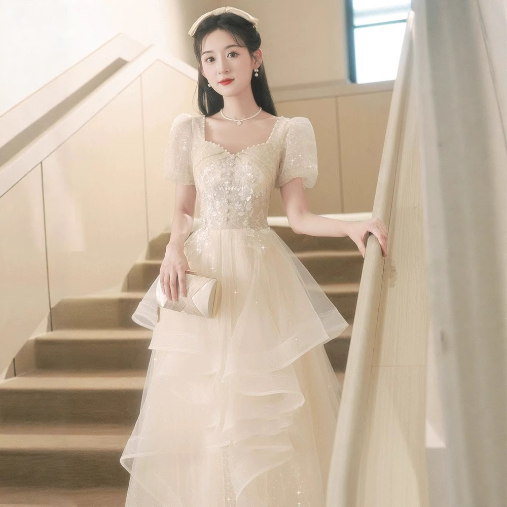 Champagne-Colored Evening Dress for Women 2026 New Style Light Luxury Niche High-End Art Exam Wedding Dress Coming-Of-Age Ceremony High-End Host Dress