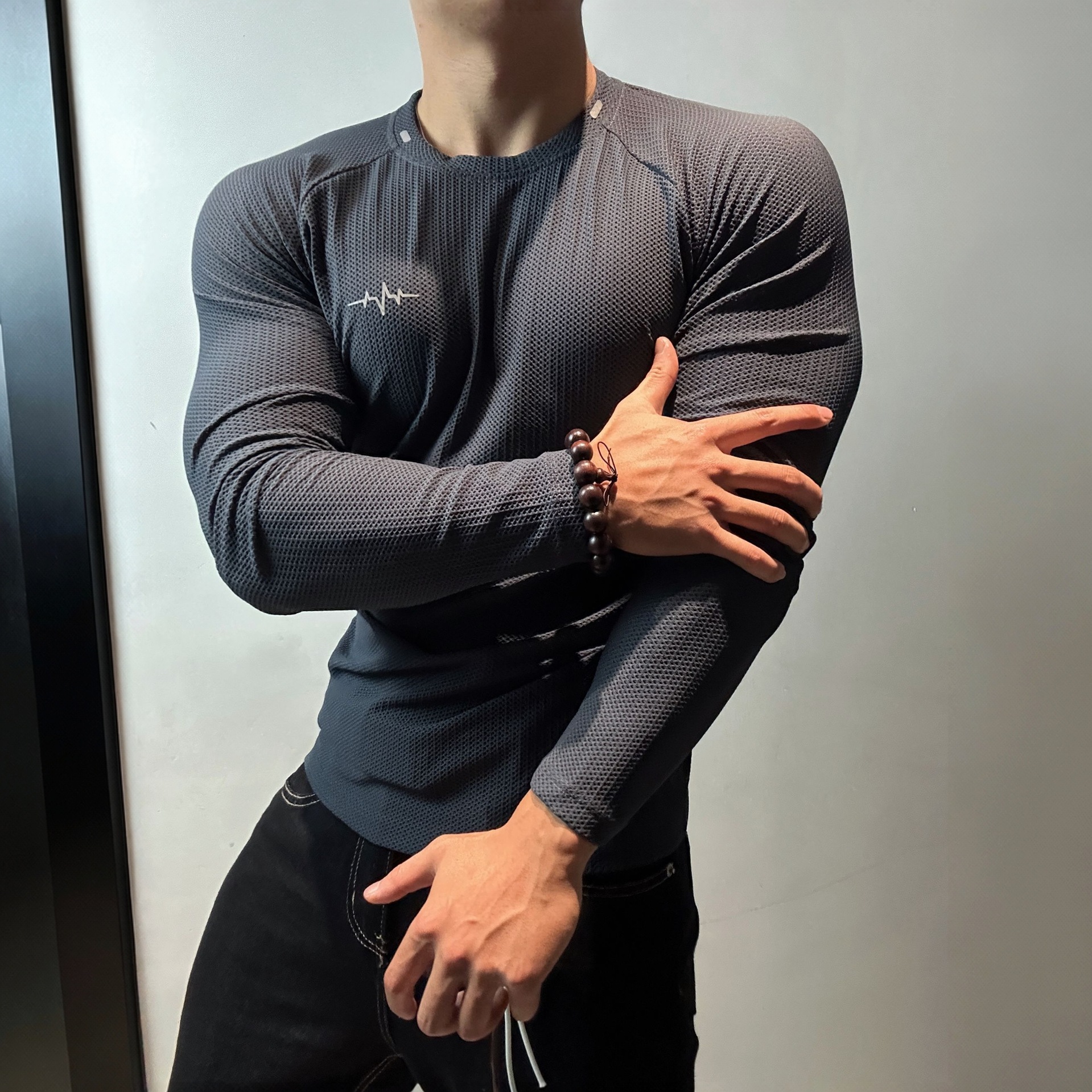 American-style honeycomb texture cool-touch quick-dry fitness long-sleeve men's stretchy slim-fit training sports T-shirt, new autumn model