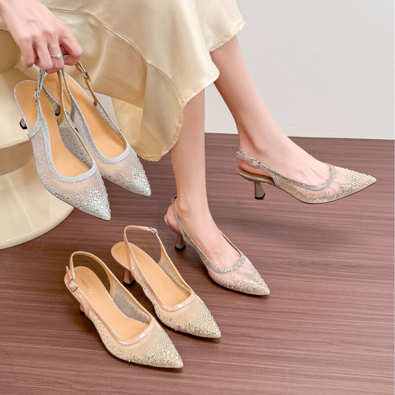 2026 New Fairy-Style Rhinestone Mesh Pointed-Toe Open-Back High-Heeled Sandals for Women, Summer Fashion Outdoor Shoes