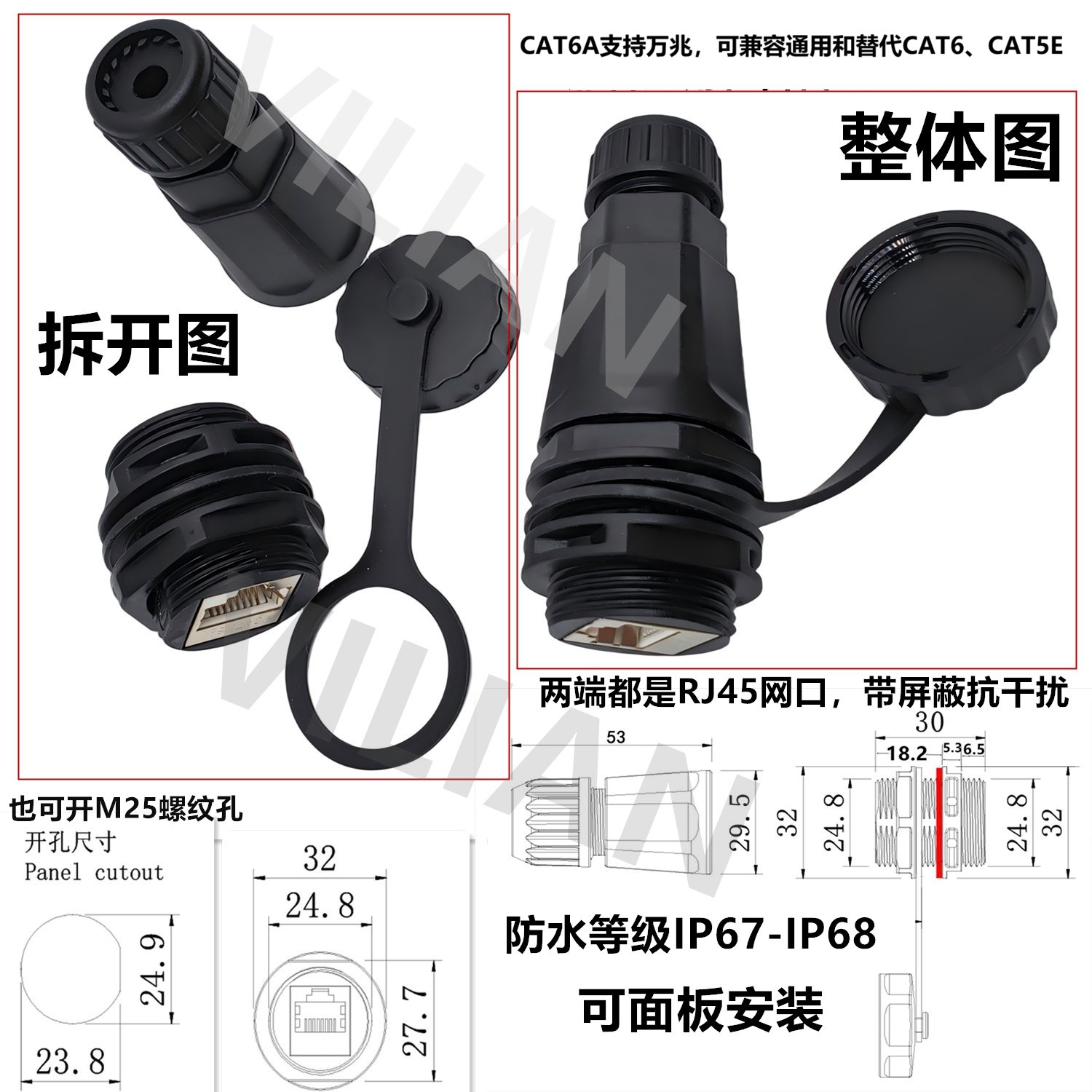 rj45��������ֱͨIP68��ˮ��ͷM25�Բ�ˮ��ͷ����ĸ����������ͷ