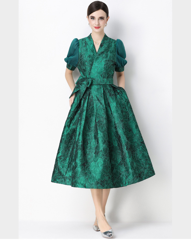 Đầm maxi nữ thắt eo V cổ tay ngắn họa tiết jacquard thanh lịch — màu đen, xanh lam, Màu hồng, màu trắng chi tiết 1