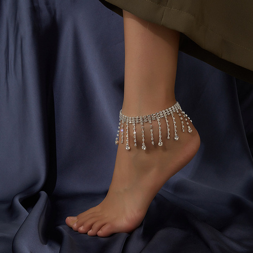 New European and American hot-selling rhinestone tassel anklet, women's beach simple double-layer teardrop pendant anklet wholesale