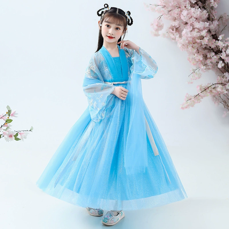 Spring Hanfu for princess, blue flower girl dress, Chinese style, western style