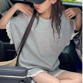 女孩纯棉时尚洋气蕾丝边休闲套装中大童夏季新款花边甜美短袖短裤