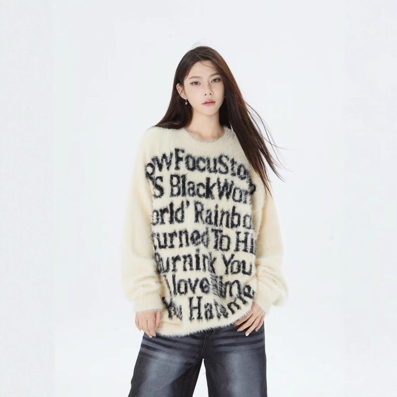 2025 # American-Style Jacquard Letter Round Neck Seahorse Wool Couple Sweater Autumn and Winter Niche Knitwear