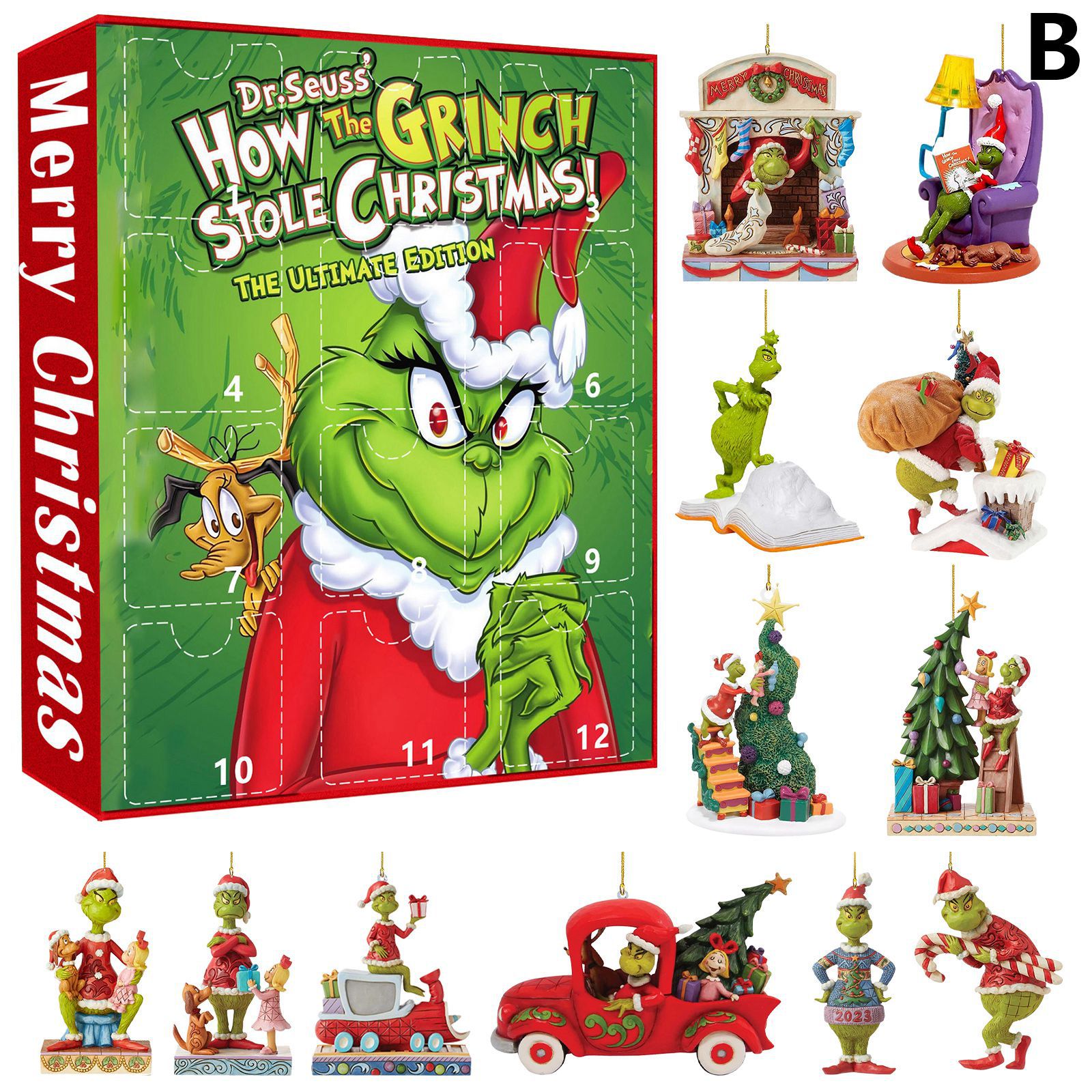 thumbnail image 1 of Calendario de Adviento de Navidad Cuenta regresiva navideña creativa Caja sorpresa de Grinch Adornos colgantes para árbol de Navidad de monstruo verde Caja sorpresa navideña, 1 of 5