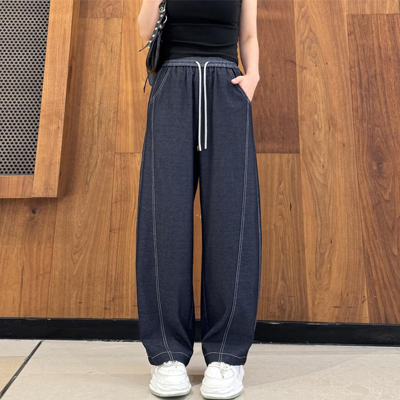 2025秋夏松紧腰宽松垂感休闲直筒女高腰显瘦牛仔窄版阔腿裤弯刀裤|undefined