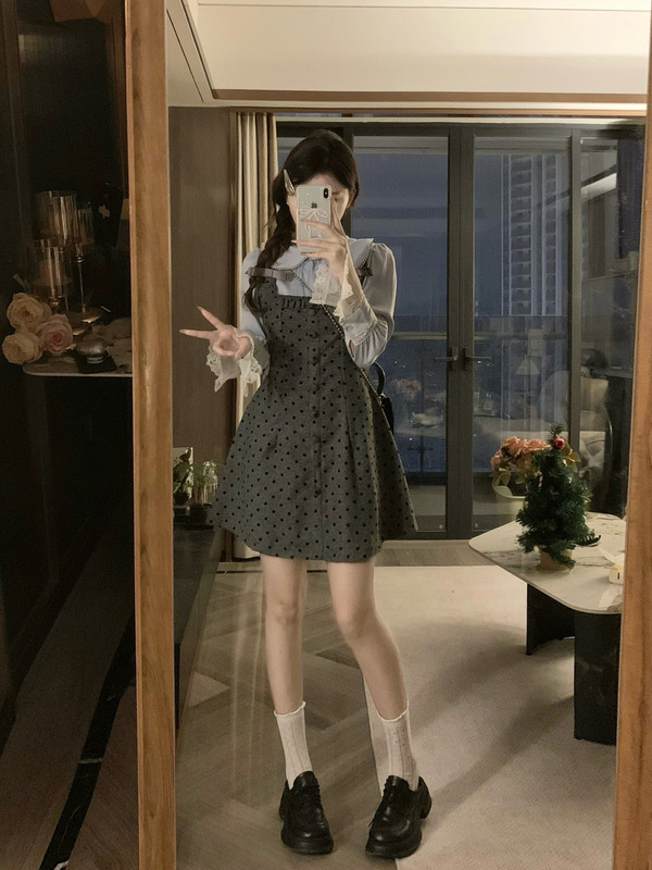 大码女装波点早秋拼接穿搭连衣裙+蓝色衬衣显瘦两件套|undefined