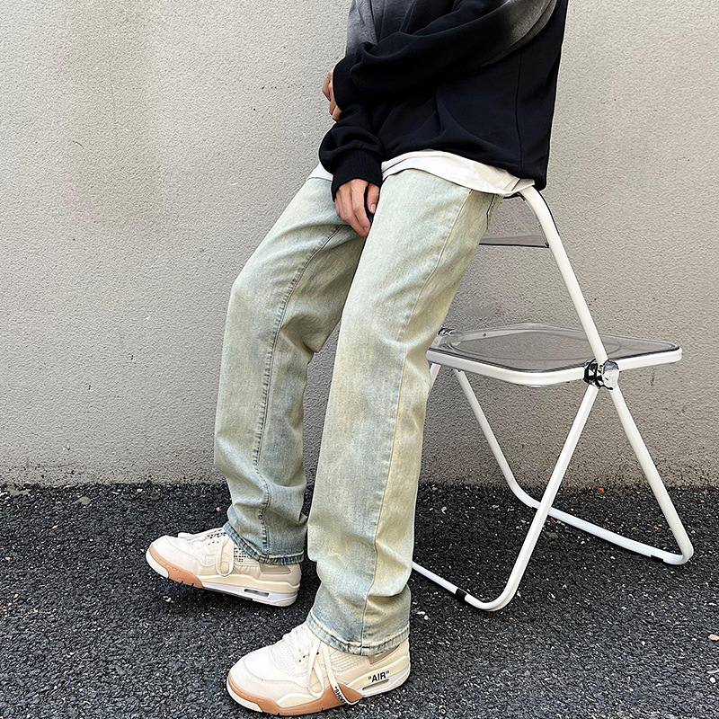 Lktm ropa de hombre # amarillo barro teñido apenado lavado impreso jeans hombres Vibe High Street Europa y América marca moda Pantalones rectos