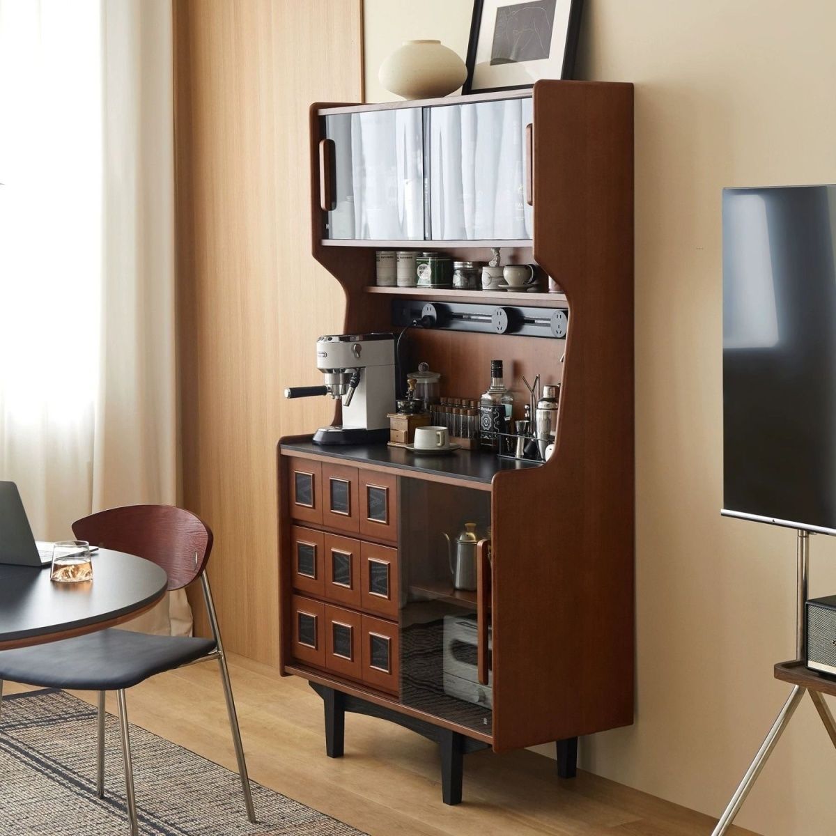 Medieval Sideboard Solid Wood Storage Cabinet Living Room Display Cabinet Tea Cabinet Nordic Modern Wall-Mounted Integrated Cabinet