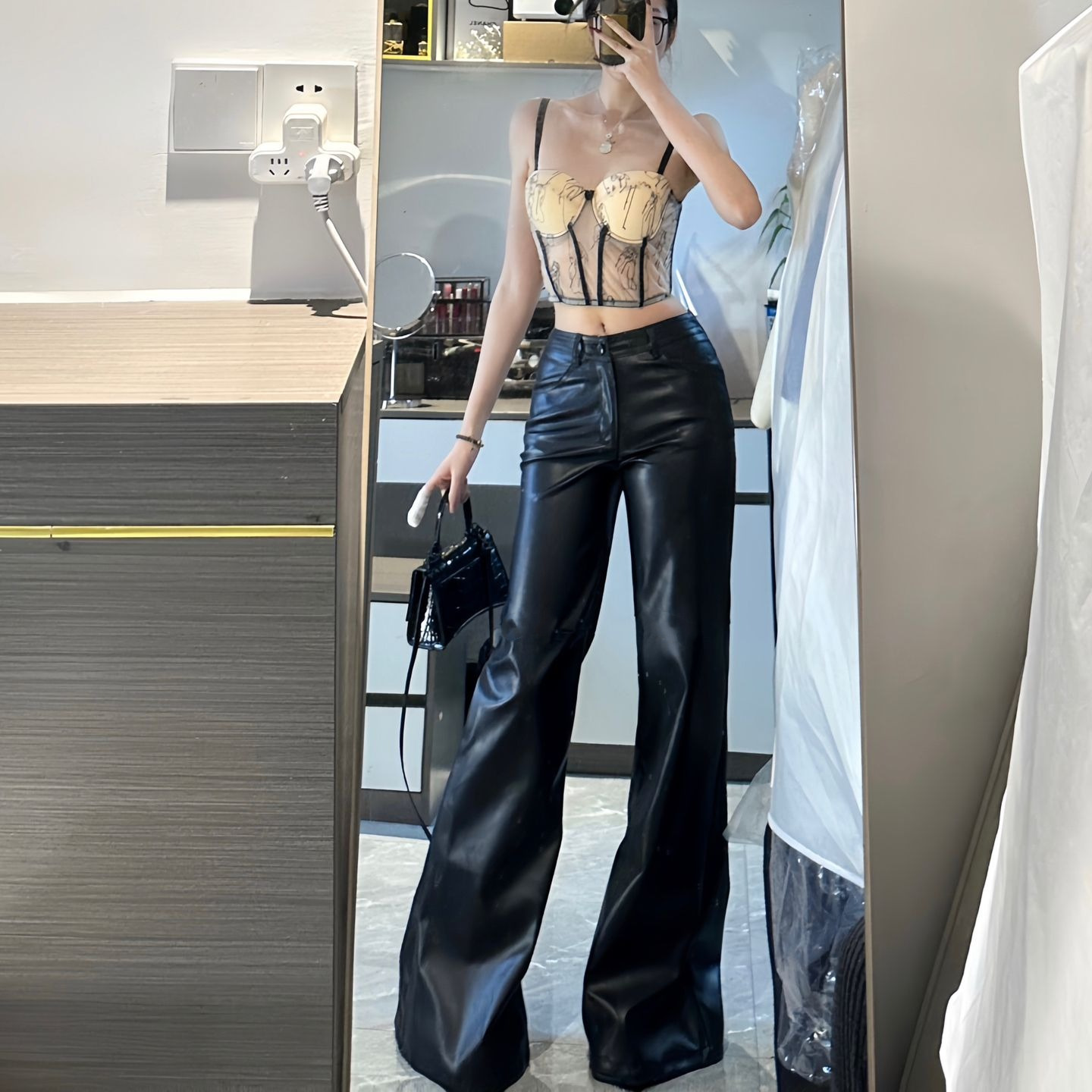 Black Micro-Flared Pu Leather Pants for Women, Large Size, High-Waisted, Straight, Slim, Loose, Versatile, High-End, Wide-Leg Casual Pants