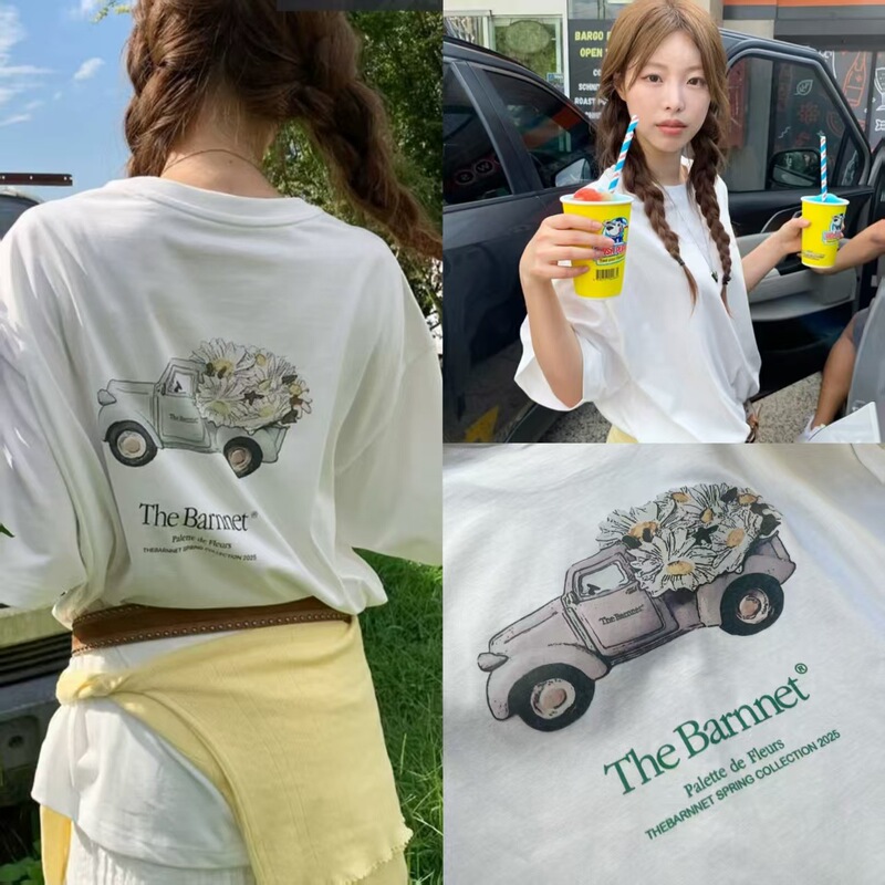 Korean Niche Trendy Brand 2025 Spring/Summer New Loose Round Neck Car Flower Print Eight-Breasted Short-Sleeve T-Shirt Top Korean Niche Trendy Brand 2025 Spring/Summer New Loose Round Neck Car Flower Print Eight-Breasted Short-Sleeve T-Shirt Top