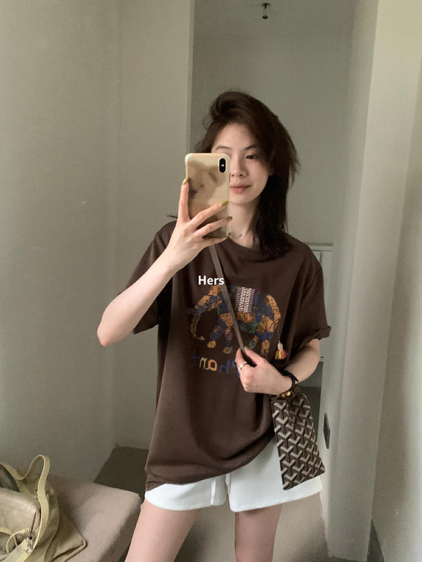 Hers韓系シンプル博主風レトロカジュアル随行性象アルファベットプリント半袖tシャツ女夏20870|undefined