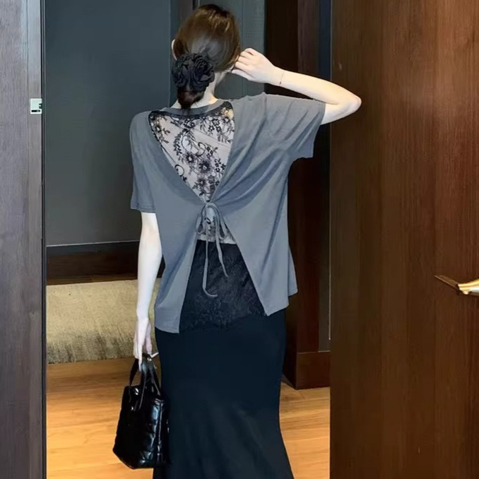 Sexy Lace Hollow-Out Short-Sleeve T-Shirt for Women, Spring 2026 New Design, Tie-Up Loose Fit Spicy Girl Top