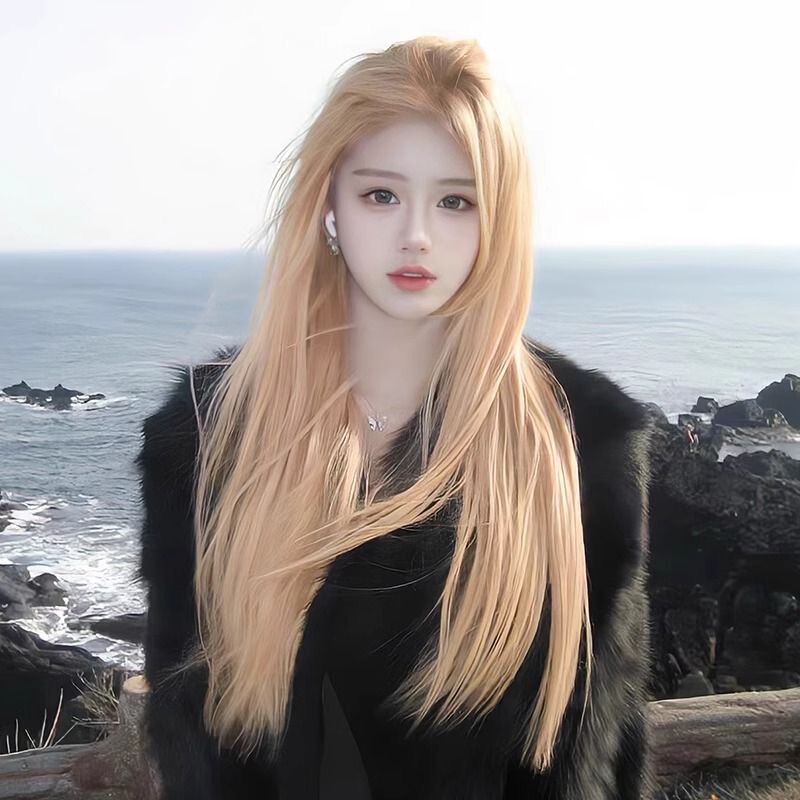 Golden Wig for Women, Long Hair, Same Style as Rose from the Girl Group, Middle Parting, Long Straight Hair, Realistic Human Hair Look
