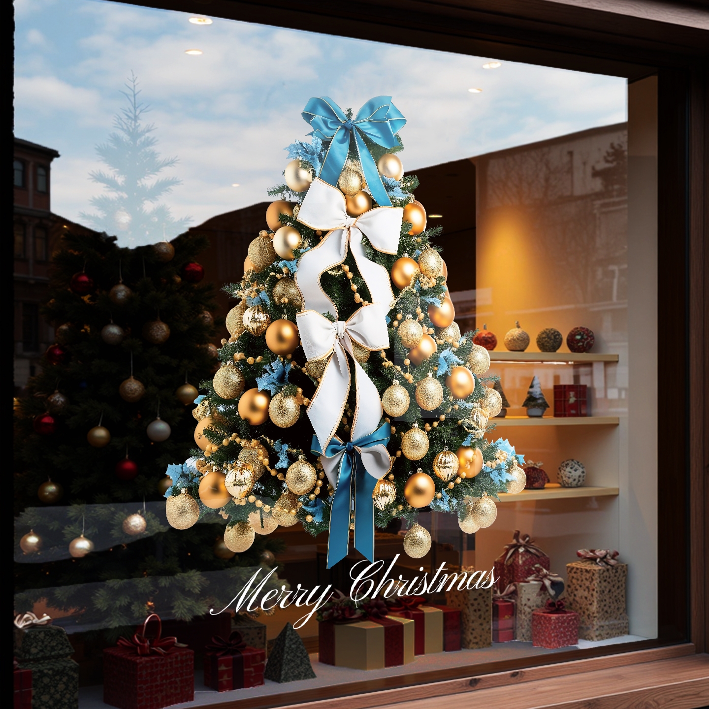 圣诞节装饰用品商场橱窗静电窗贴店铺布置窗花蓝金圣诞树玻璃贴纸