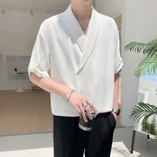 西西里男装夏季冰丝感韩版西装领落肩短袖套头白衬衫休闲衬衣