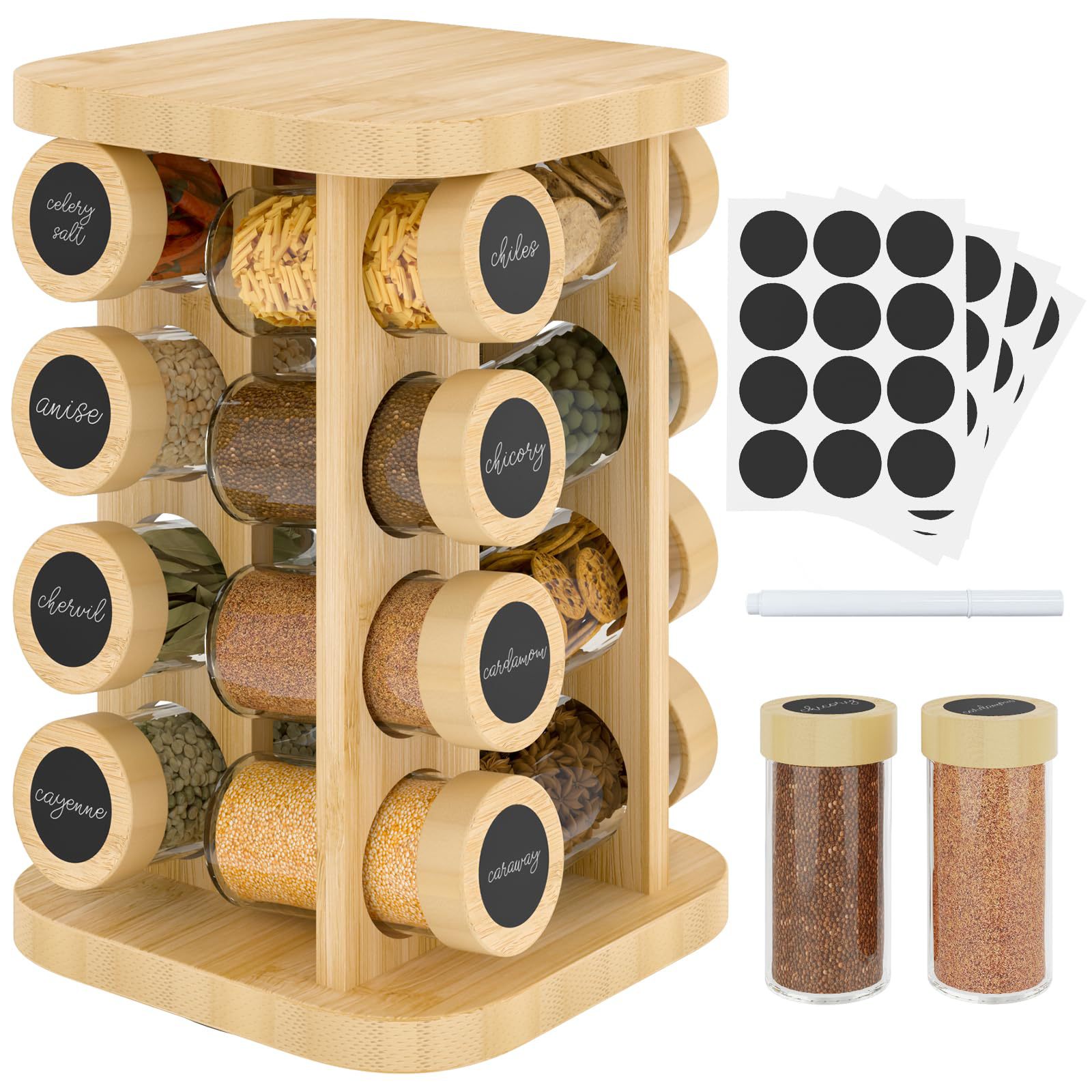Bamboo Rotating Spice Rack with 16 Jars Kitchen Countertop Rotating Rack Cabinet Organizing Storage Rack Solid Wood Storage Rack