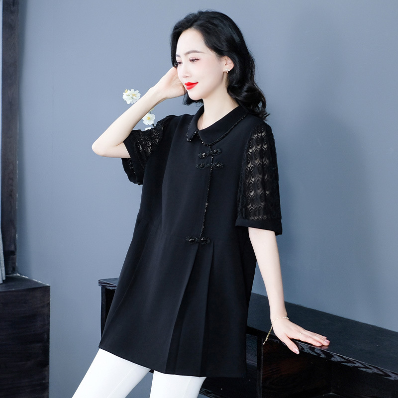 New Spring/Summer lace button-down retro fashion lapel loose A-line shirt jacket, perfect for plus-size women.