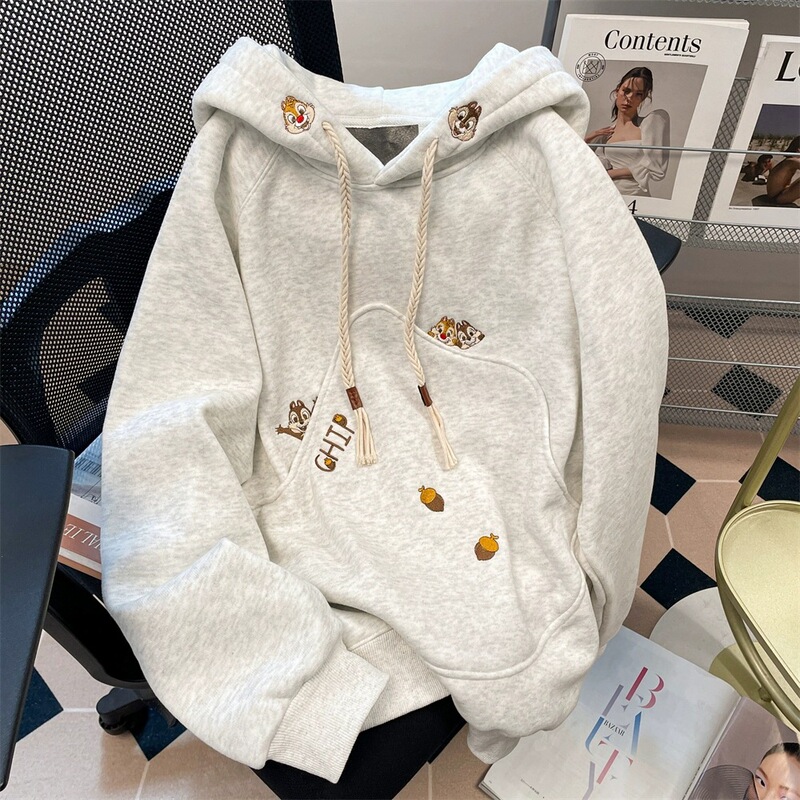 Japanese Style Western Style Chic Unique Embroidered Hooded Sweatshirt Women's Autumn and Winter fleece-lined Lazy Style Cute Age-reducing Coat Top
