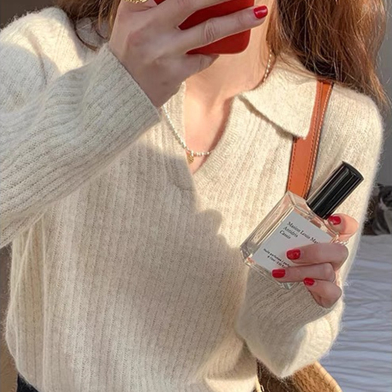 领针织衫女秋冬小个子设计感软糯毛衣内搭别致翻领打底衫上衣|undefined