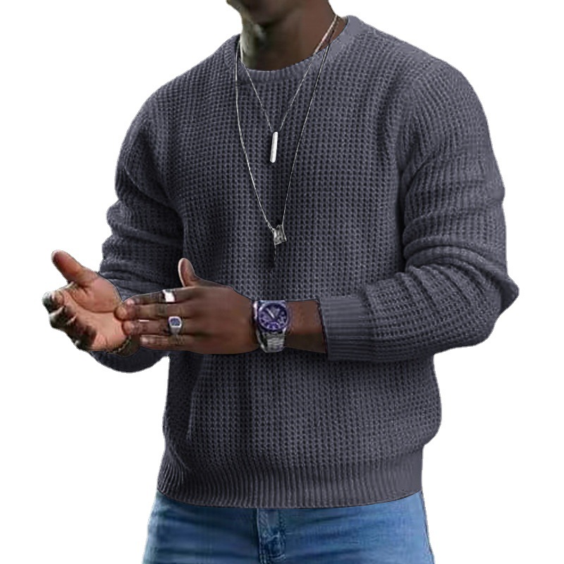 Men's T emu Solid Color Waffle Long Sleeve T-shirt Spring and Autumn New Round Neck Top for Men_voghion.com