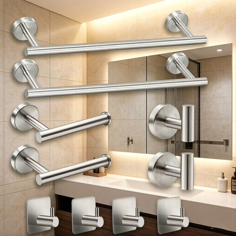 Stainless Steel Towel Rack Set Wall-Mounted Paper Towel Holder Razor Hook Towel Ring Clothes Hook Towel Bar Set