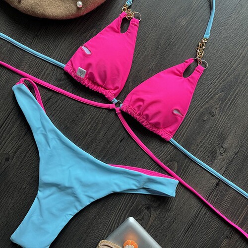  cross-border new bikini chain sexy backless split swimsuit nylon stitching color bikini