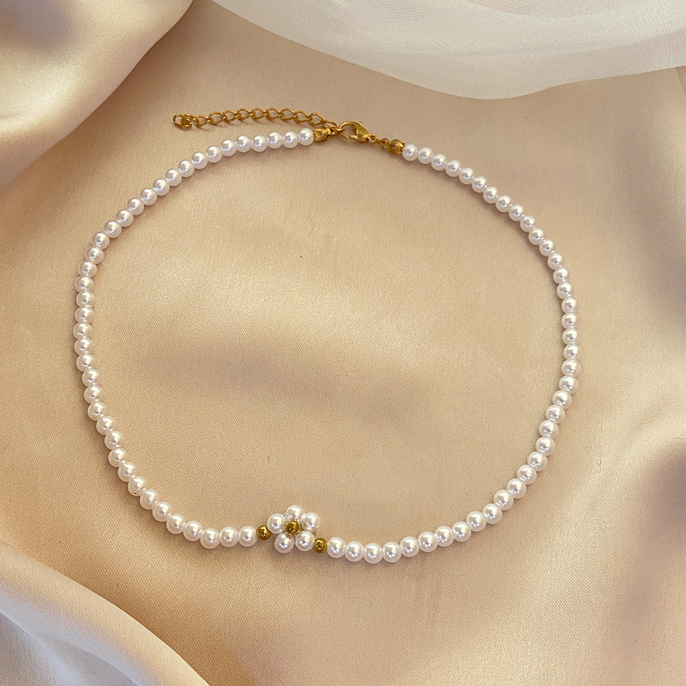 2021 Cross-Border New Arrival Womenu0027s Simple Chock Jewelry Shopee Vintage Simple Pearl Flower Ne